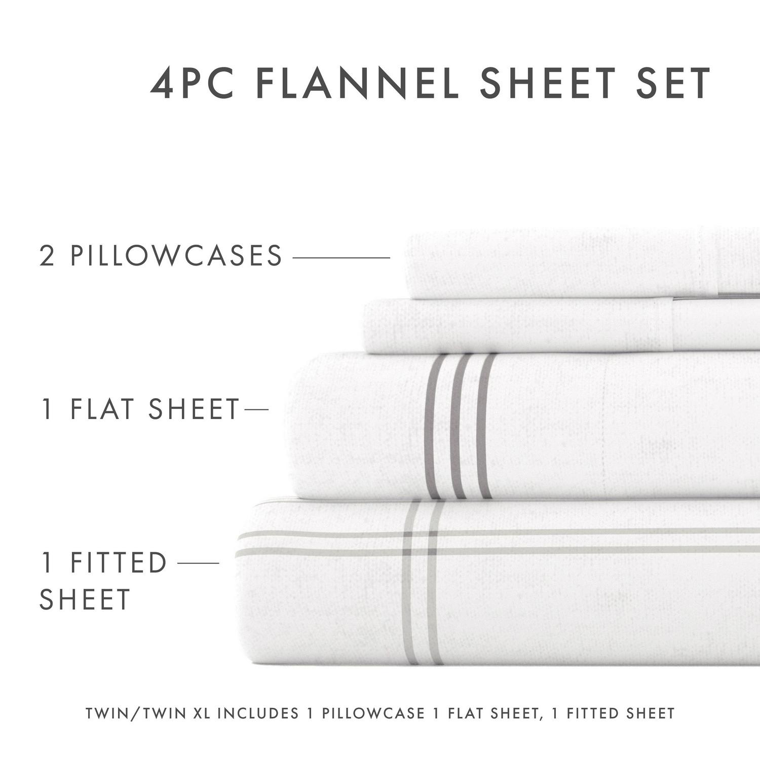 Gray Checkered 4 Piece 100% Cotton Flannel Deep Pocket Sheet Set， Queen， by Noble Linens