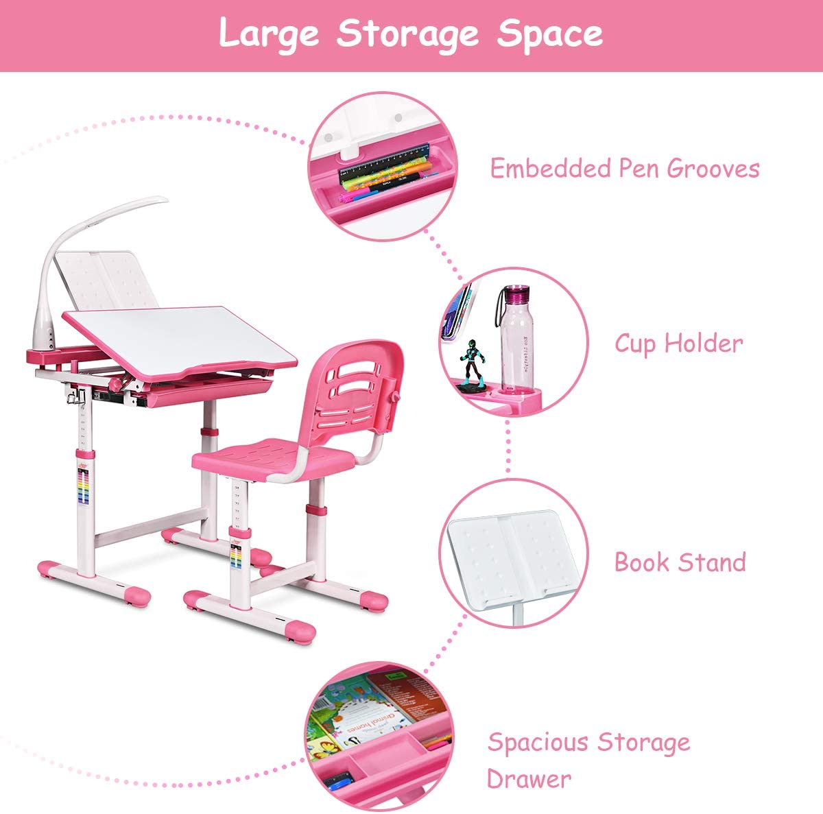 Baby Joy Kids Desk and Chair Set, Height Adjustable Child Desk Set w/LED Lamp, Bookstand, Tilt Desktop, Metal Hook