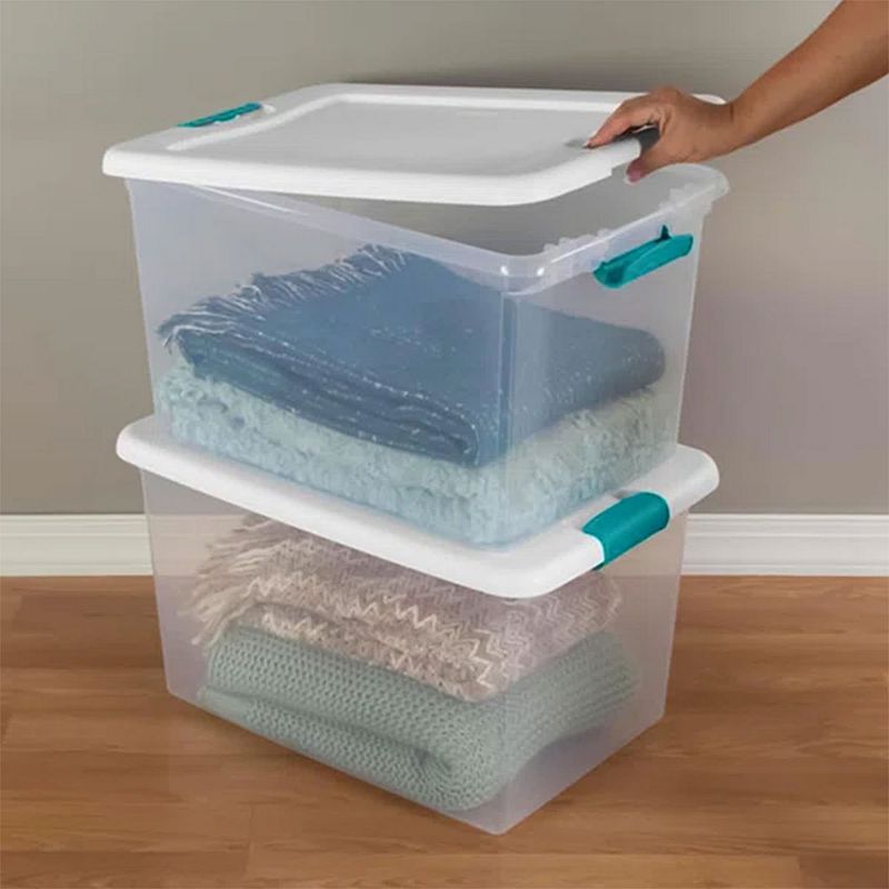 Sterilite 106 Qt Clear Plastic Stackable Storage Bin w/ White Latch Lid， 4 Pack