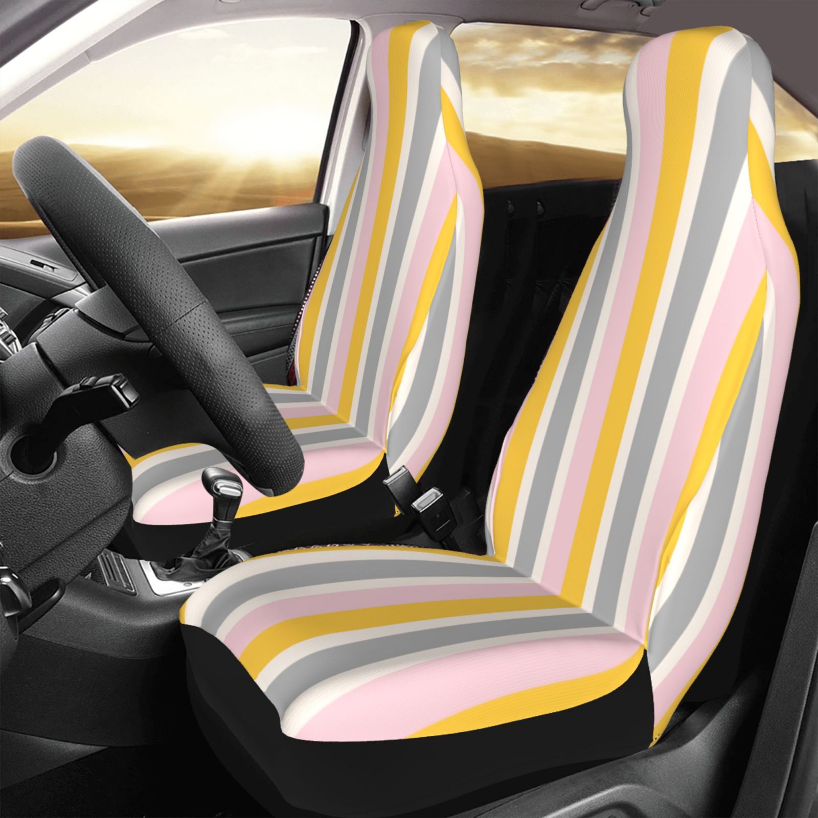 TEQUAN Front Seat Covers， Abstraction Geometric Stripes Pattern 2 Piece Car Seat Cover Fit Most Car SUV Truck Van