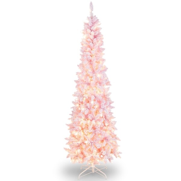 Costway 7FT PreLit Snow Flocked Hinged Pencil Christmas Tree w/ 300