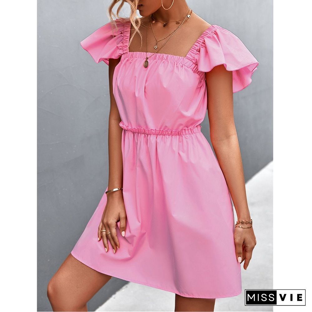 Elegant Sexy Dresses Women Summer Dress New Square Neck Solid High Waist Ruffle Short Skirt Sleeve Mini Dress For Women