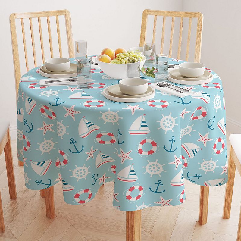 Round Tablecloth， 100% Polyester， 70 Round， Cartoon Nautical Adventure