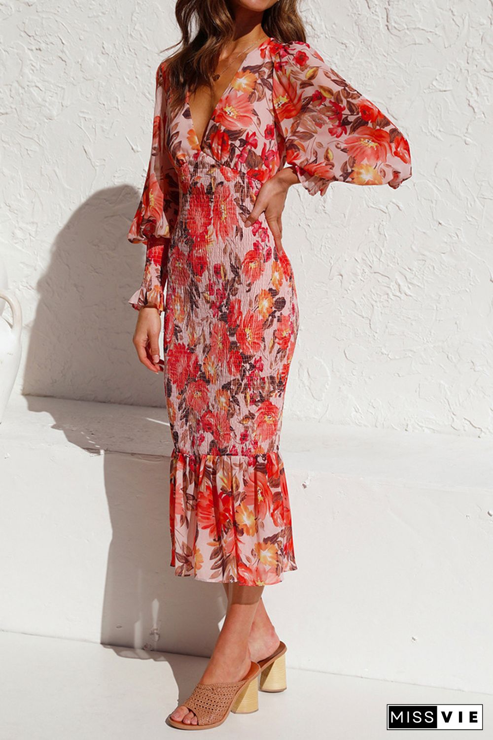 Deep V Neck Floral Print Balloon Sleeve Slim Dress