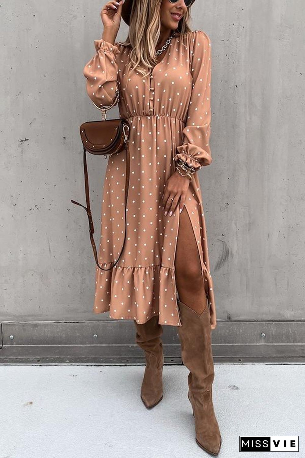 Nisha Dot Button Down Slit Midi Dress