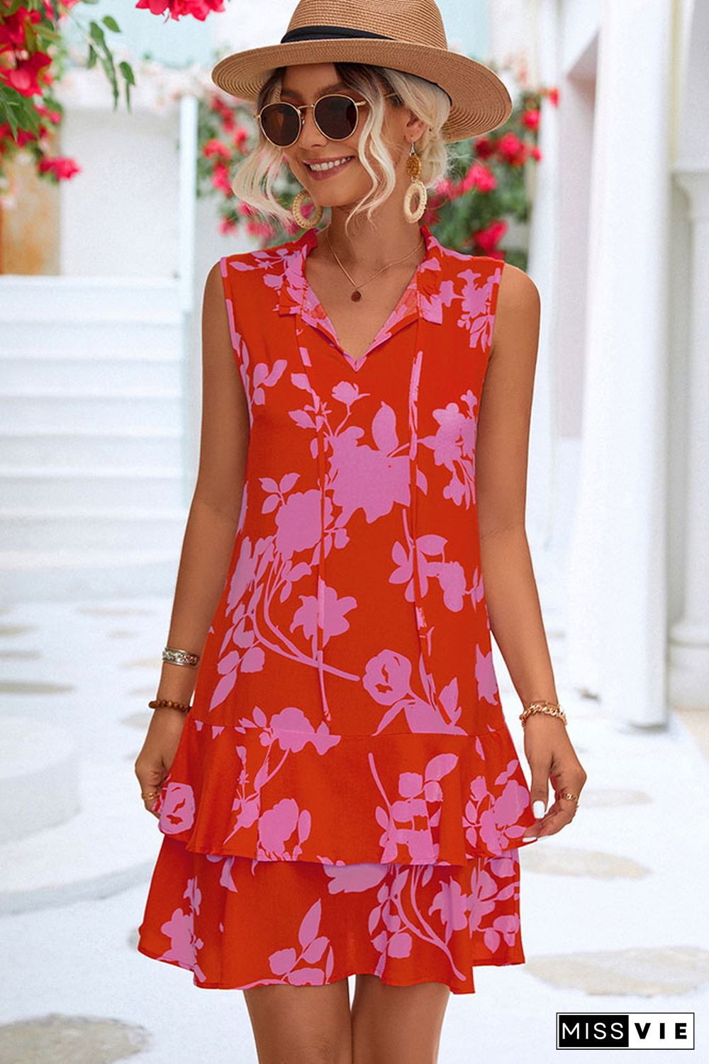 Sleeveless Ruffle Splicing Floral Dress