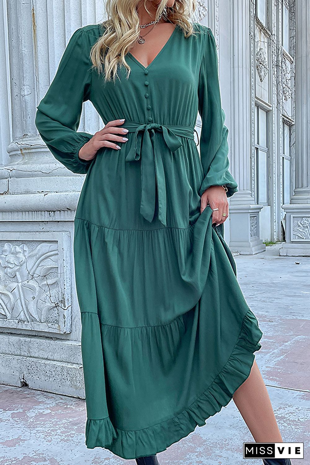 Turquoise V Neck Button Down Tiered Maxi Dress