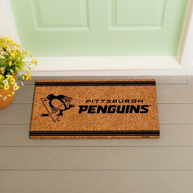 Evergreen Pittsburgh Penguins Logo Turf Mat Brown 28 X 16 Inches Indoor Outdoor Doormat