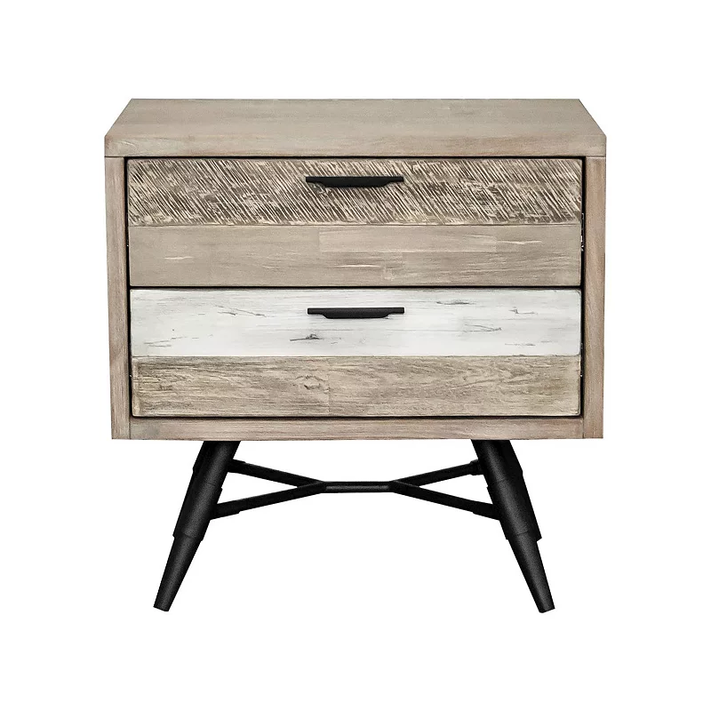 Aliz 24 Inch Acacia Wood Nightstand， 2 Drawers， Metal Legs， Brown， Black