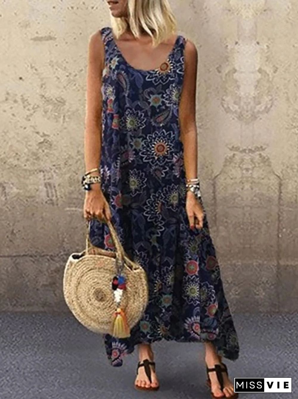 Floral Printed Hippie Sleeveless Maxi Vacation Dresses