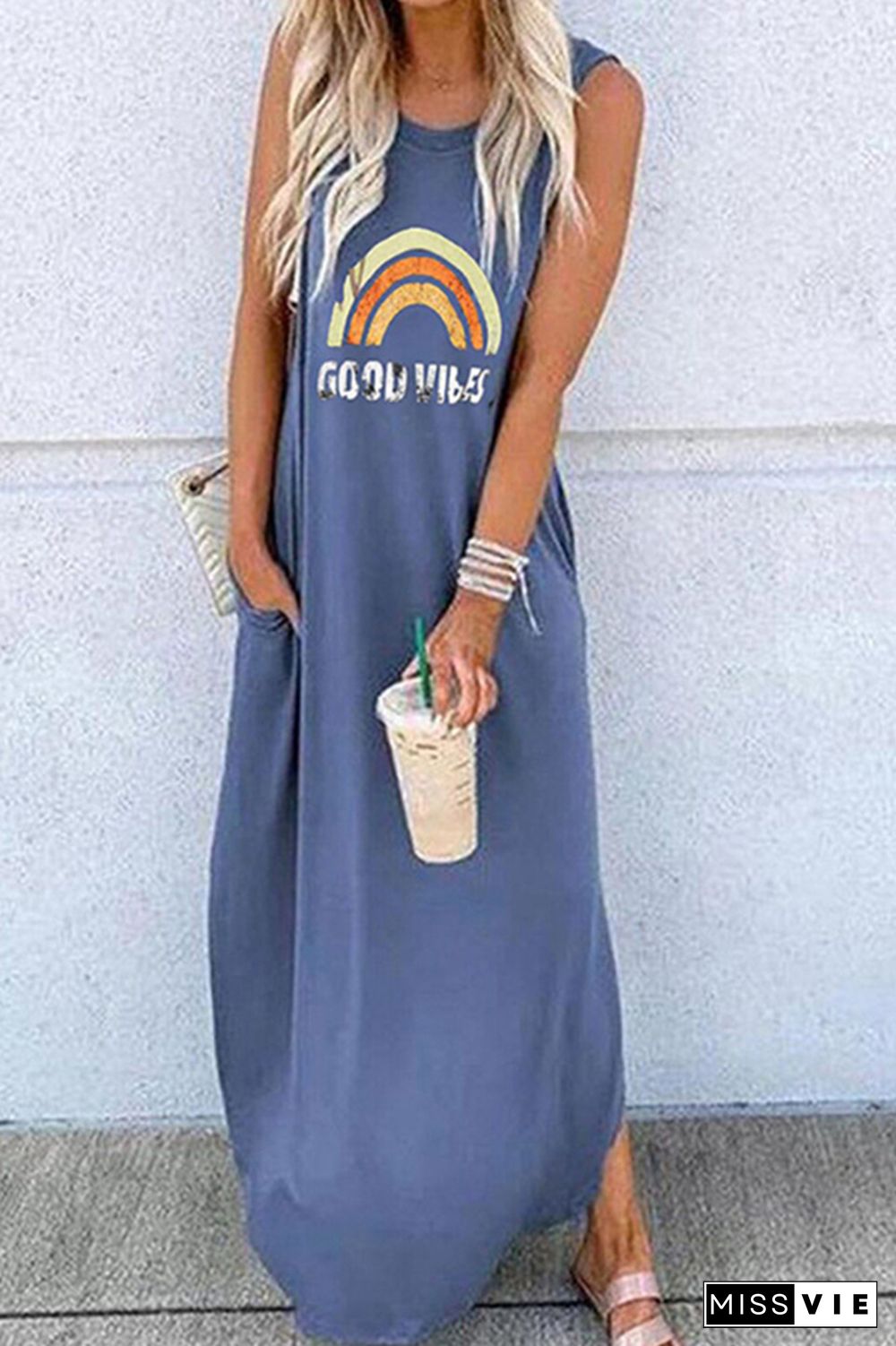 Blue Printed O-neck Sleeveless Dresses