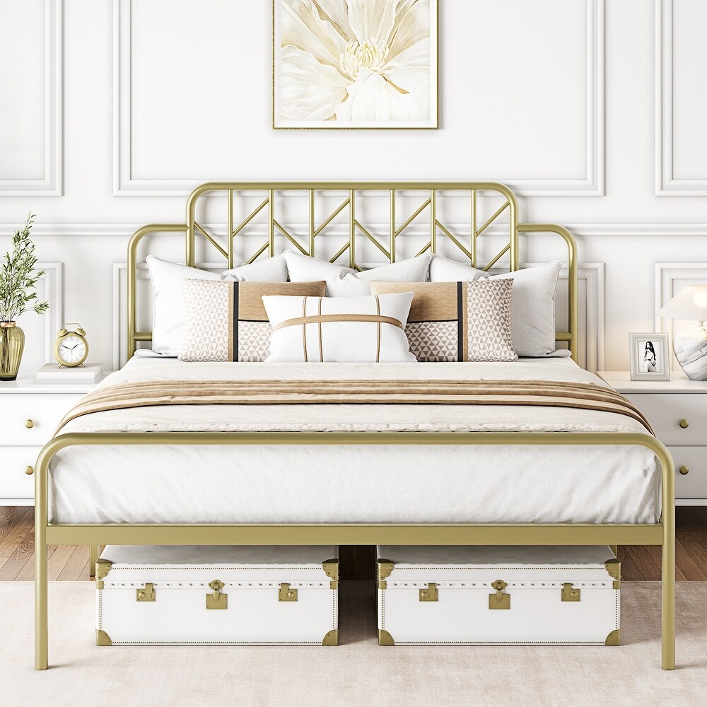 Modern Gold Metal Queen Size Bed Frame with Headboard and Footboard Branch Style