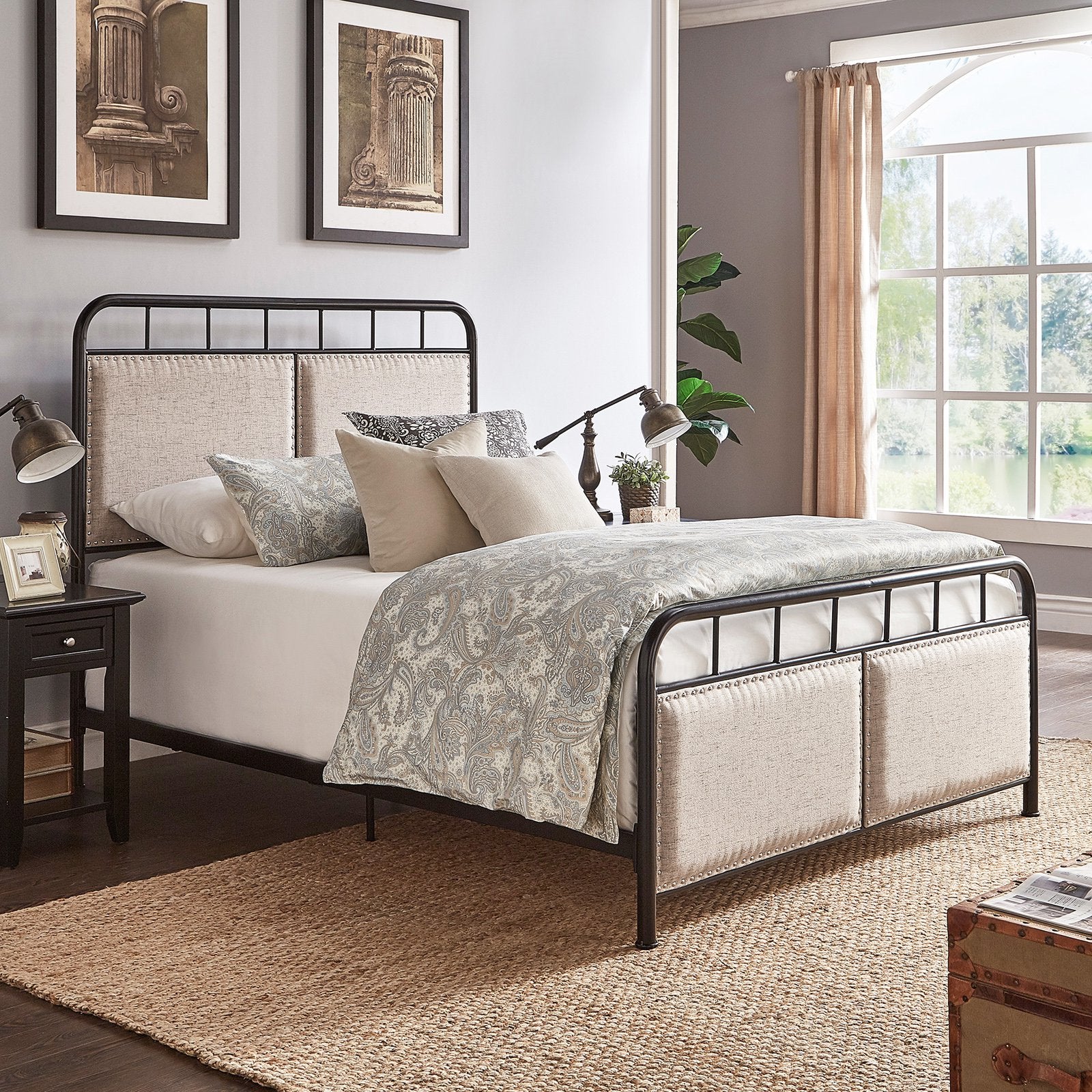 Weston Home Exton Black Metal Queen Bed with Beige Upholstered Headboard and Footboard