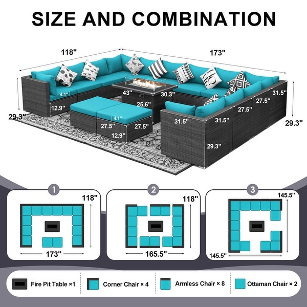 Nicesoul Outdoor Grey Wicker Sectional Furniture Patio Sofa Set with Firepit Table