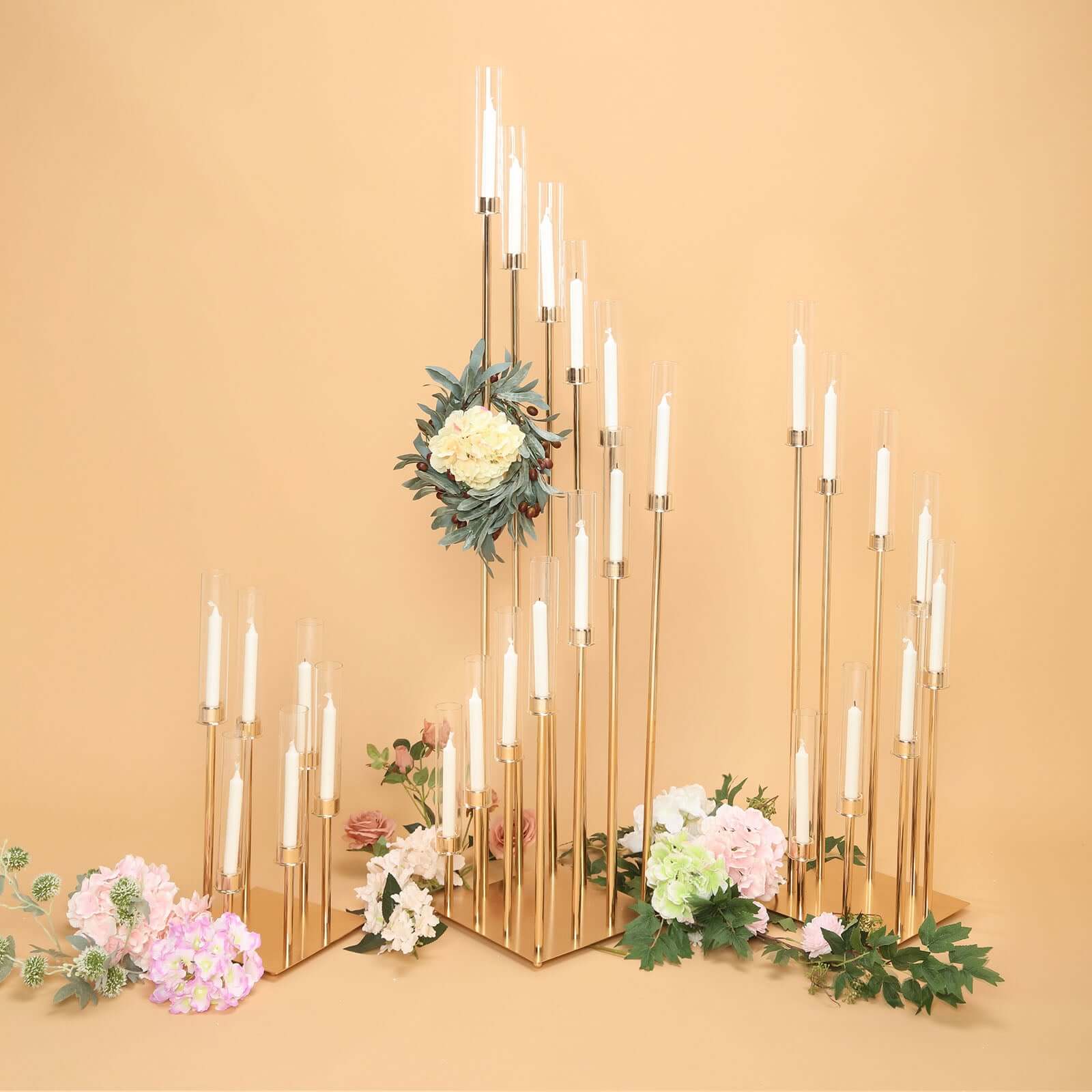 Gold 8 Arm Cluster Taper Candle Holder With Clear Glass Shades, Large Candle Arrangement 42