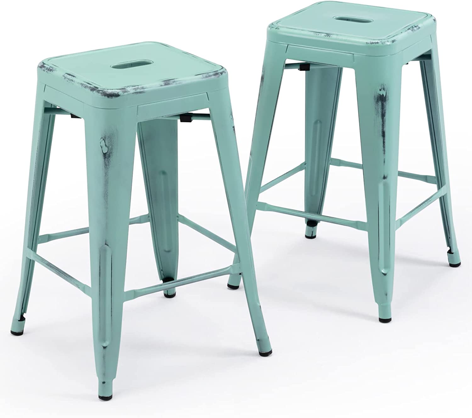 24 Inch Metal Bar stools, Backless Counter Height Barstools, Indoor Outdoor Stackable Stools with Square Seat