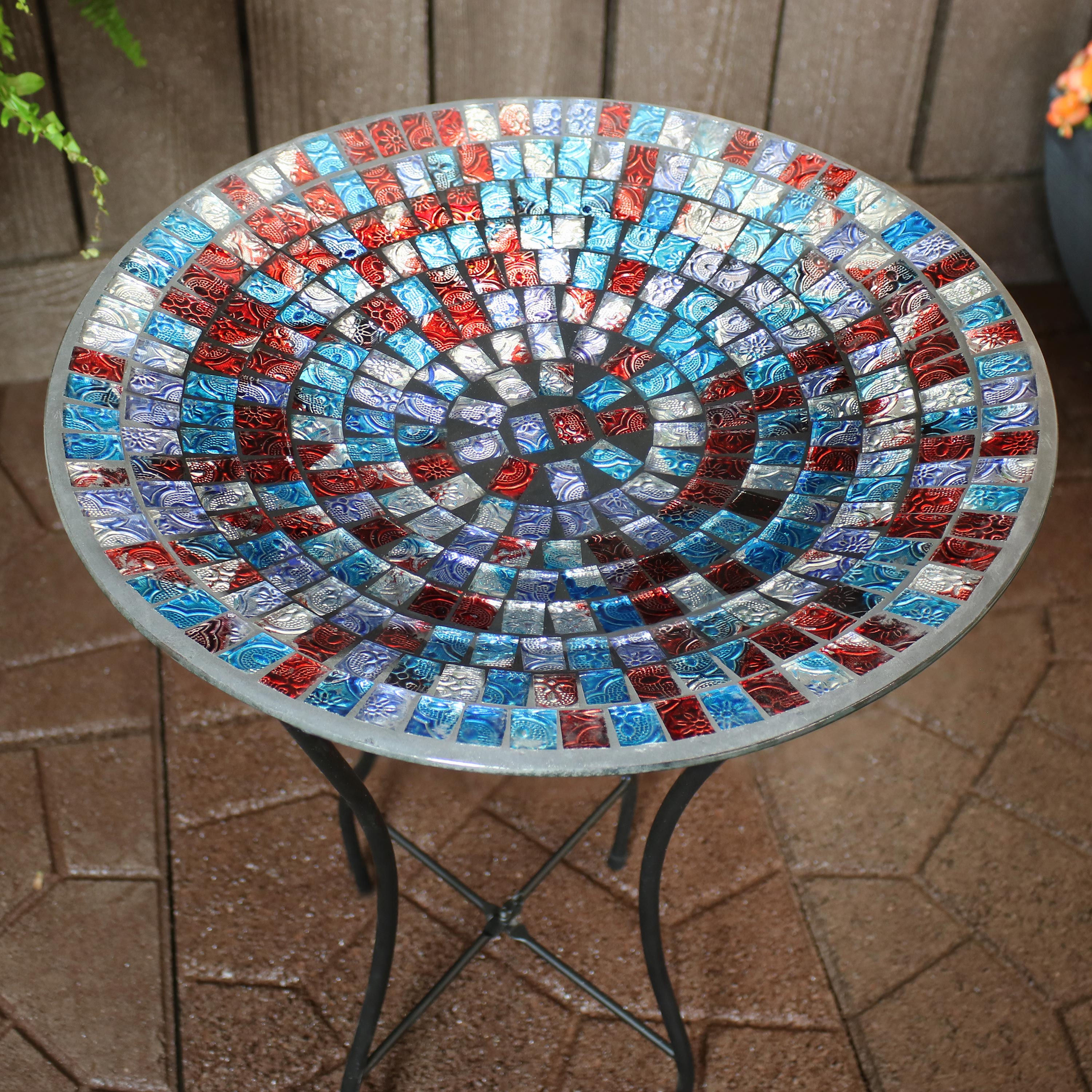 Sunnydaze Outdoor Garden Patio Bird Bath with Metal Stand and Multi-Colored Mosaic Tile Design Bowl - 14"