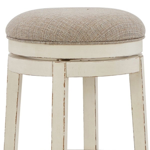 30 Inch Swivel Backless Barstool， Distressed White， Beige Polyester Seat