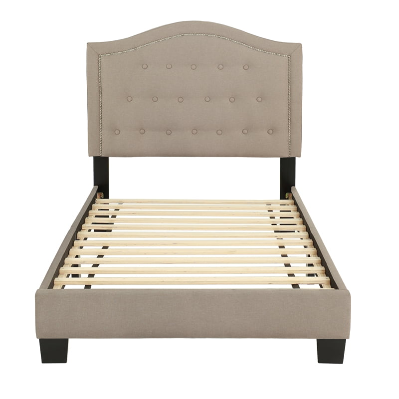 Poundex Twin Burlap Fabric Upholstered Bed Frame with Slats in Light Brown