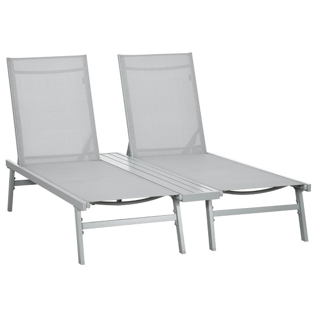 Outsunny Chaise Lounge Pool Chairs Conjoined Set Of 2 Outdoor Sun Tanning Chairs With 5 position Reclining Back Shelf amp Breathable Mesh Light Gray