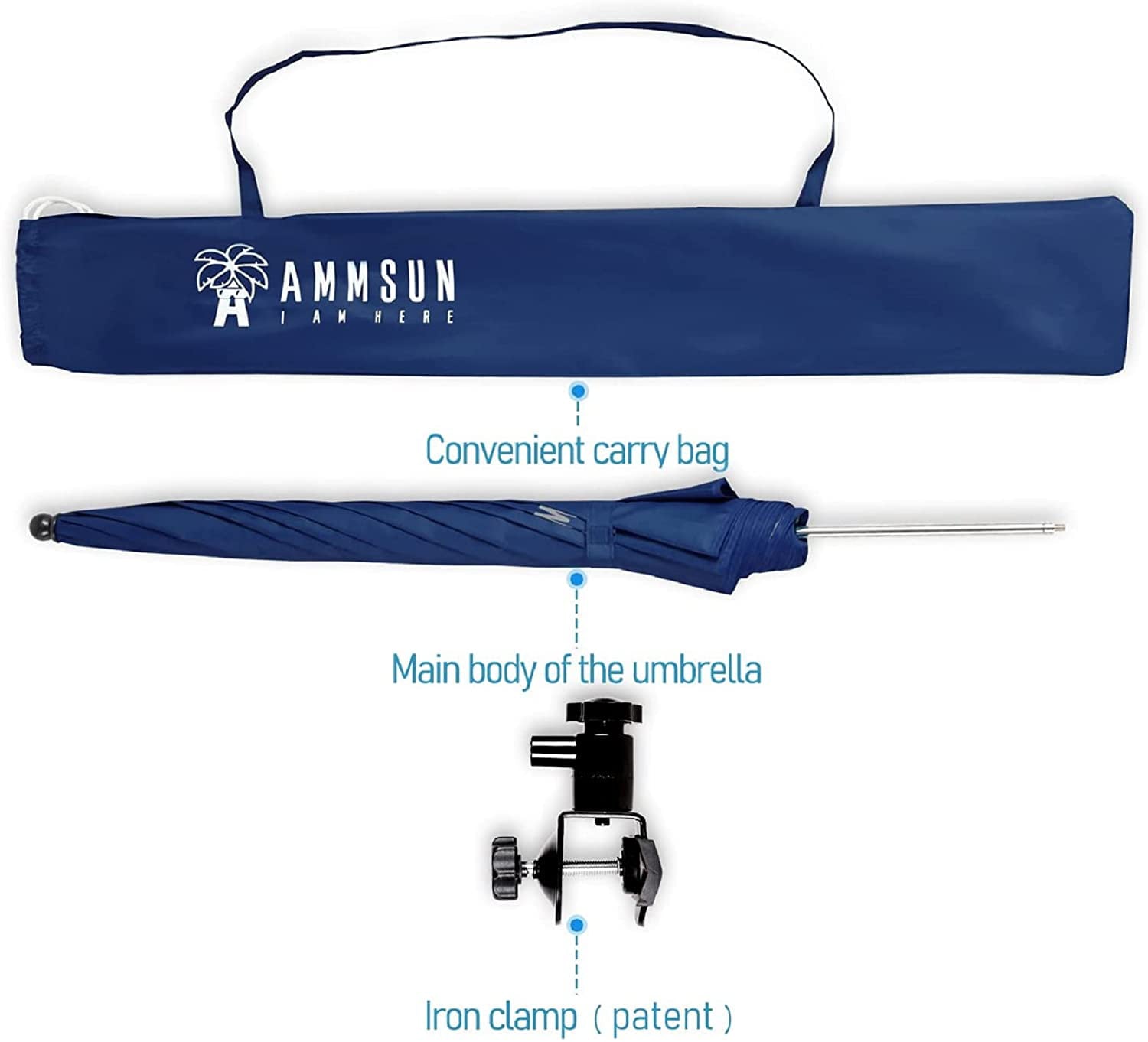 Ammsun Chair Umbrella with Universal Clamp 43 inches UV 50+ Protection,Navy Blue