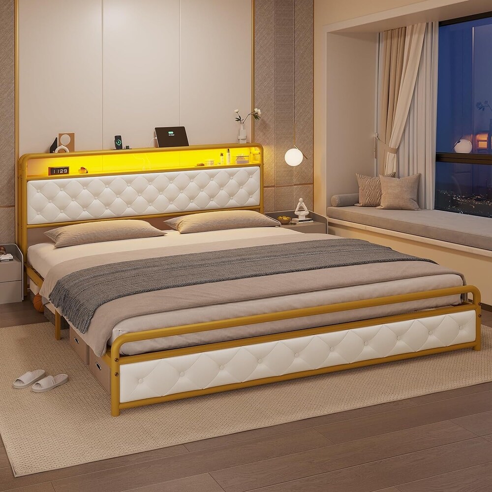 King Size Bed Frame with Built in LED Light Headboard