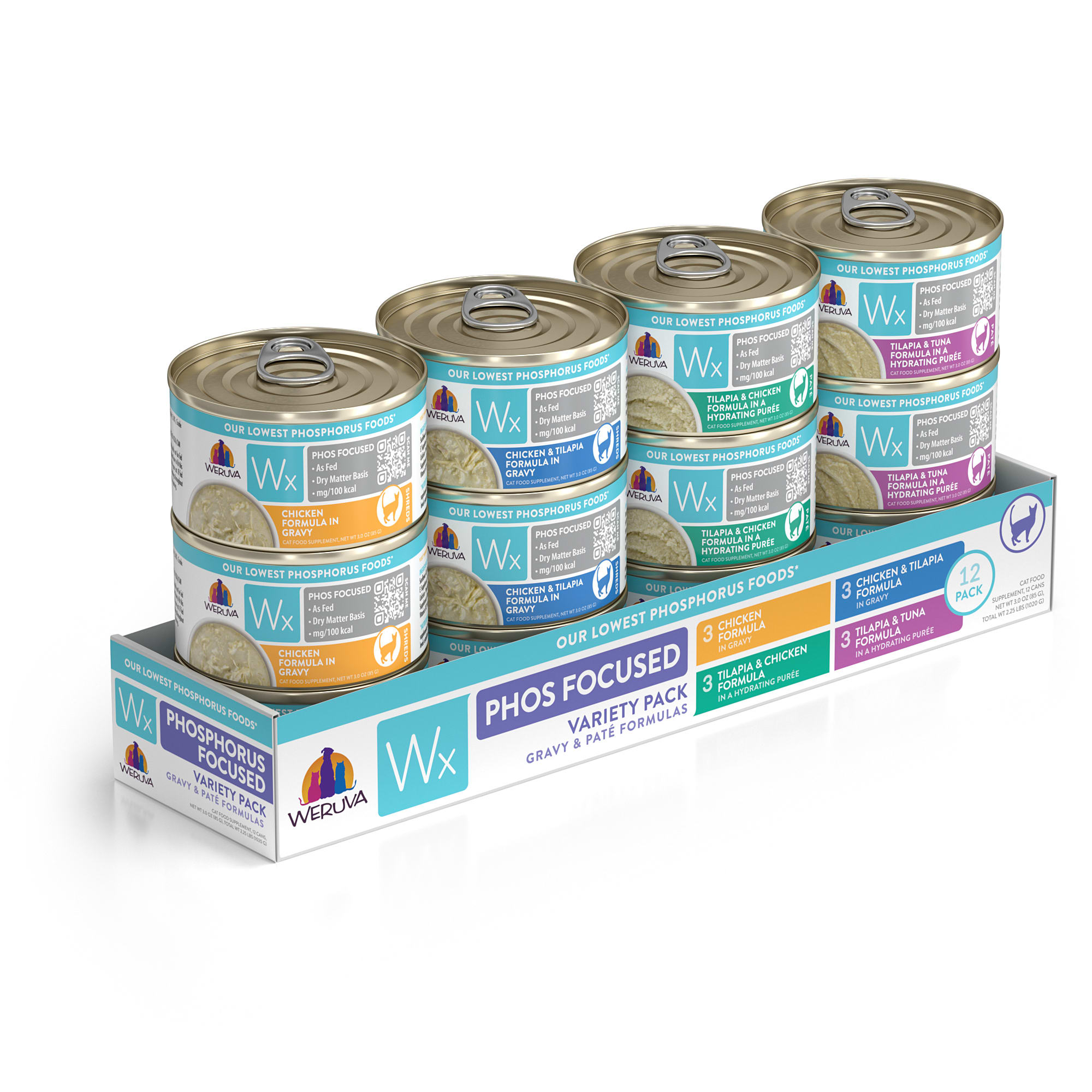 Wx Phos Focused Foods Gravy  Pate Formulas Variety Pack Wet Cat Food， 3 oz.， Count of 12