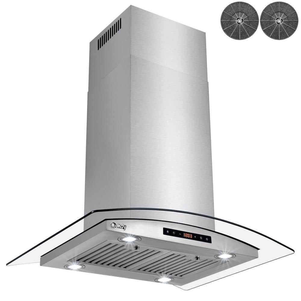 AKDY 30 in 343 CFM Convertible Island Mount Range Hood with Tempered Glass and Carbon Filters in Stainless Steel