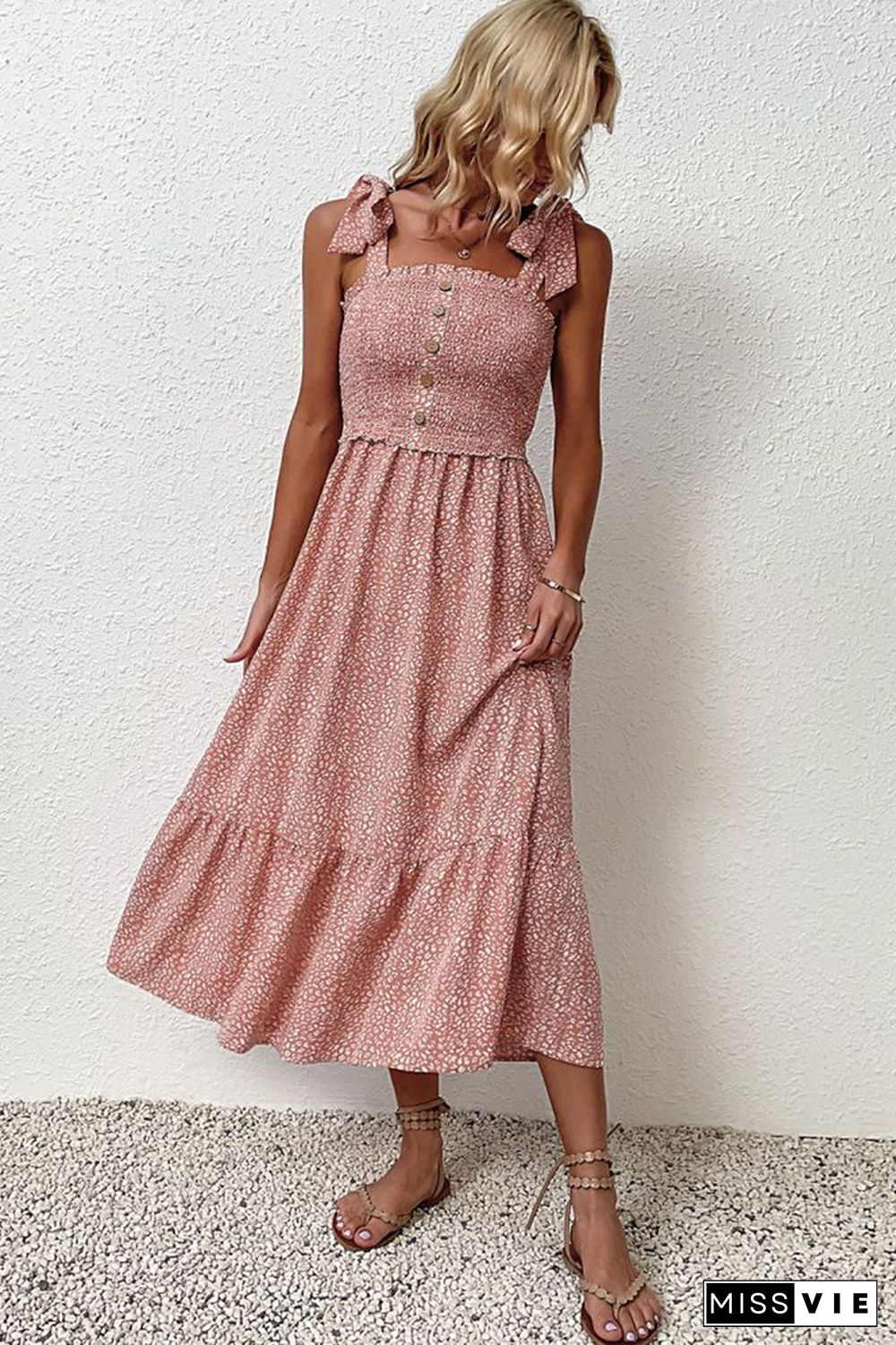 Pink Button Down Smocked Top Ruffle Floral Maxi Dress