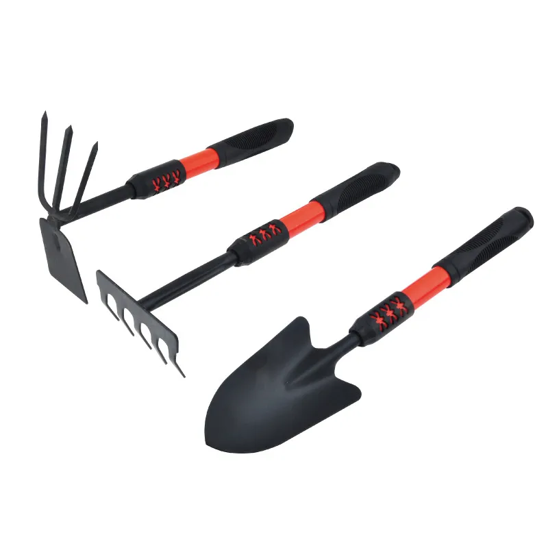 New Design Carbon Steel Hand Plastic Handle 3 Piece Garden Hoe Rake Gardening Tool Set Kit With Extended Handle