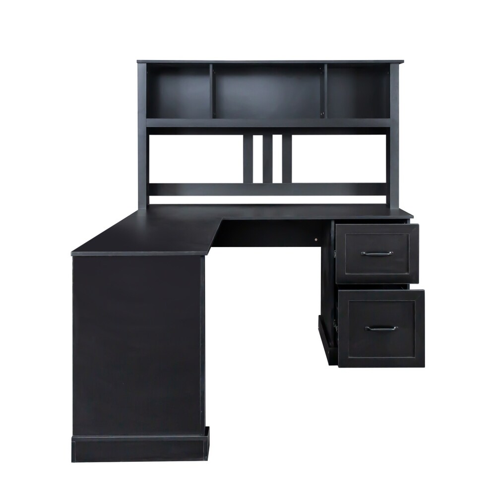 L Shape Home Office Computer Desk with Hutch Study Table with Drawers  Black