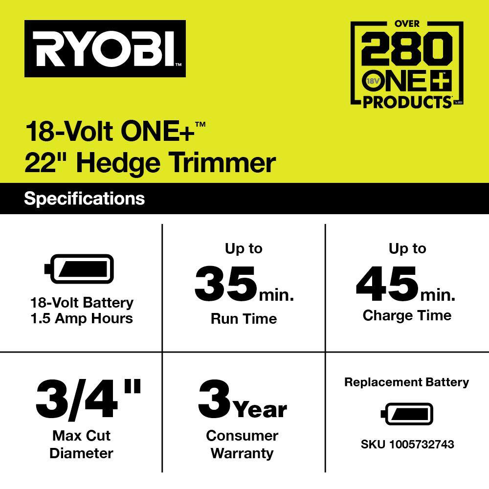 RYOBI ONE+ 18V 22 in. Cordless Battery Hedge Trimmer with 1.5 Ah Battery and Charger P2660