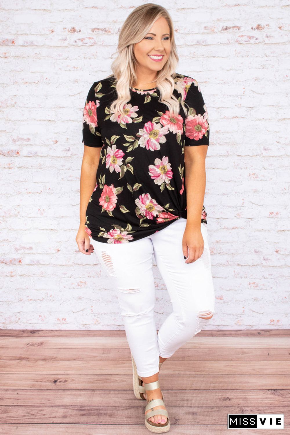 Black Plus Size Floral Print Twist Knot Top