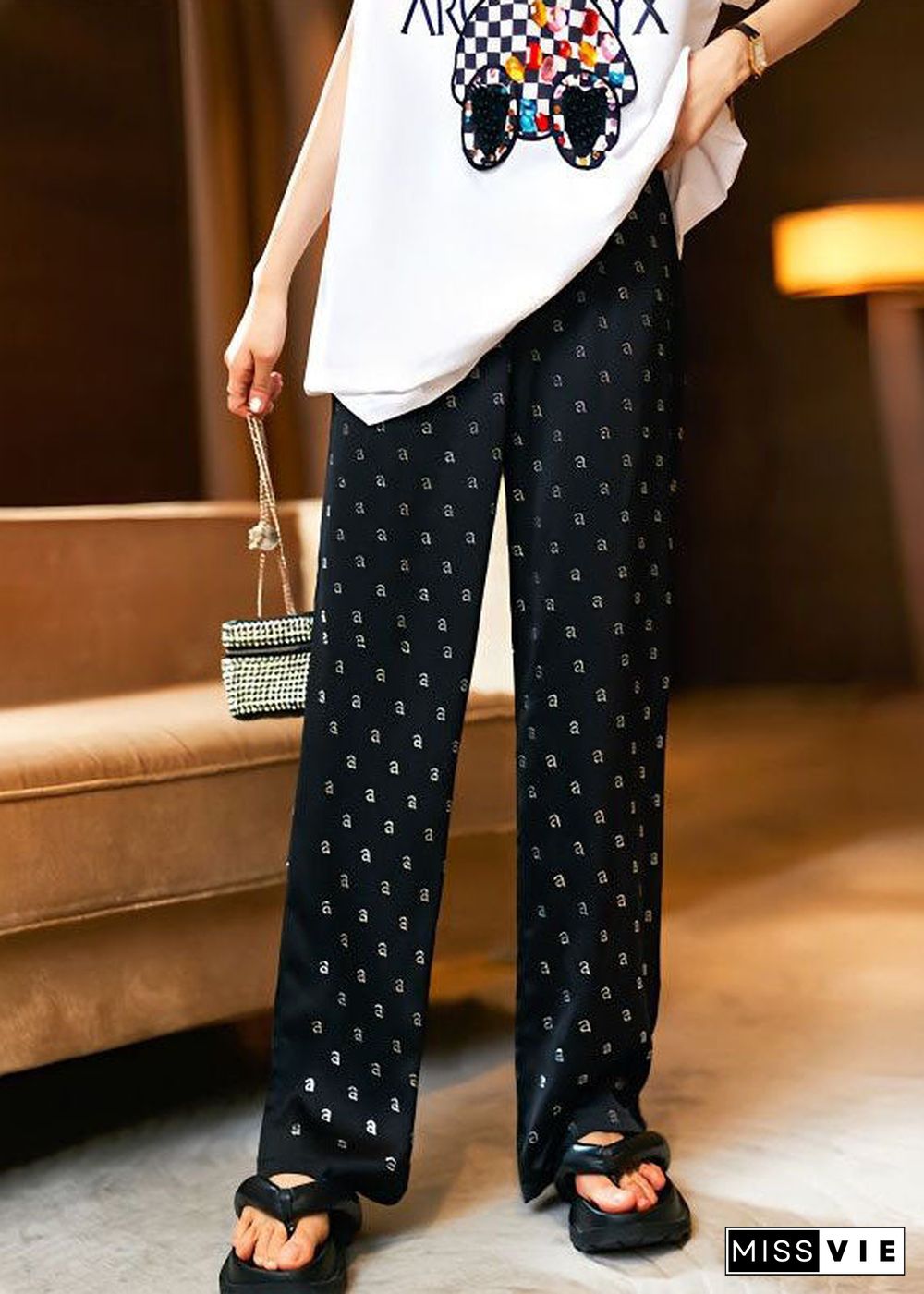 Fine Black Pockets Letter Zircon Patchwork Cotton Straight Pants Fall