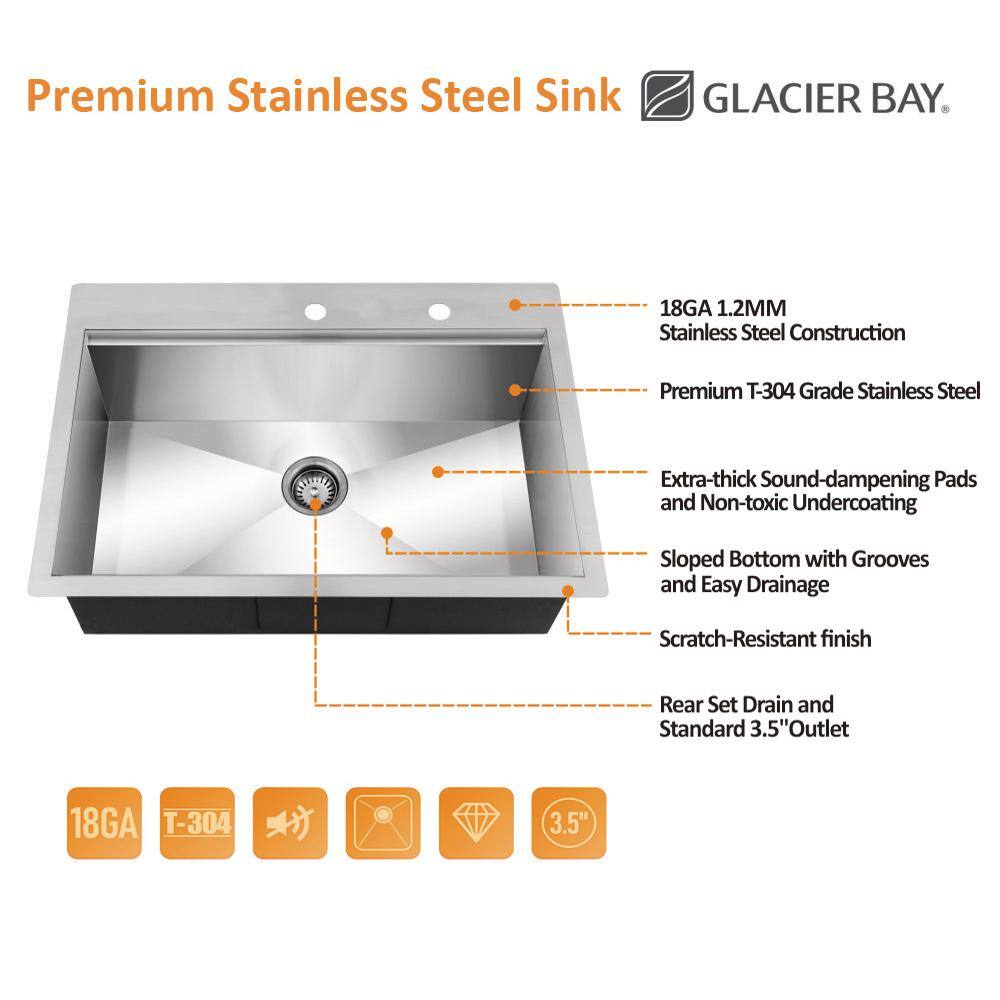 Glacier Bay All-in-One Zero Radius Drop-in 18G Stainless Steel 27 in. 2-Hole Single Bowl Workstation Kitchen Sink Pull-Down Faucet 4307F-1