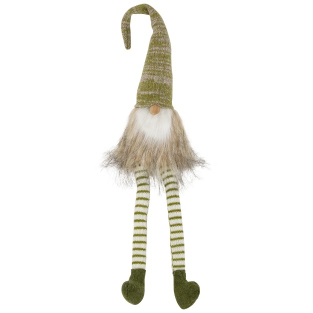 Green And Beige Sitting Gnome With Knitted Hat And Dangling Legs Christmas Figure