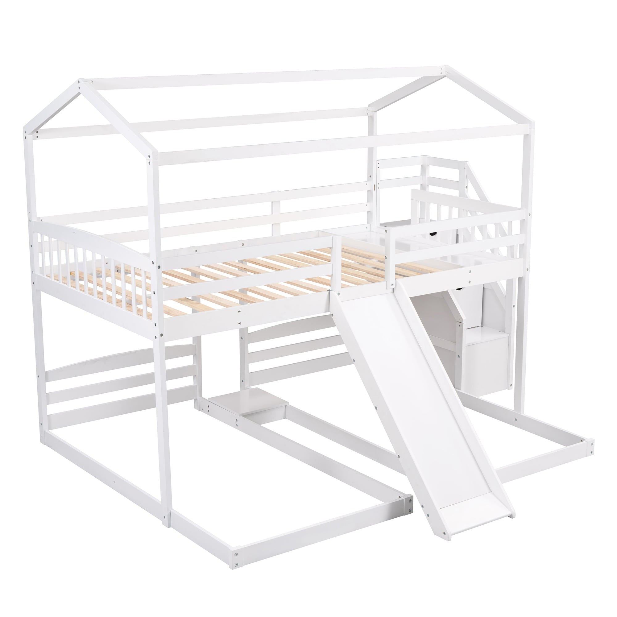 EUROCO Full over Twin & Twin Bunk Bed with Slide and Shelf for Kids, White