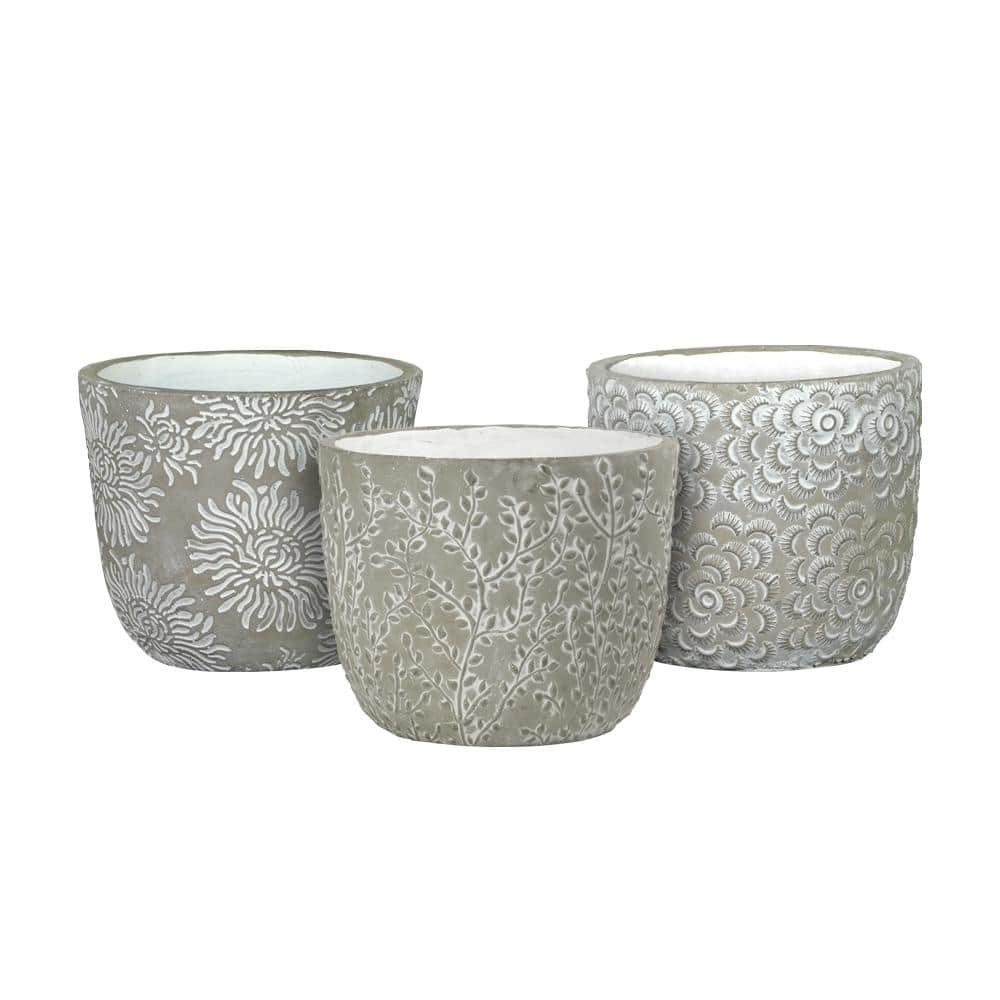 Classic Home and Garden Flora 6 in. Gray Cement Planters with White Interior Assorted (Set of 3) 31013-089