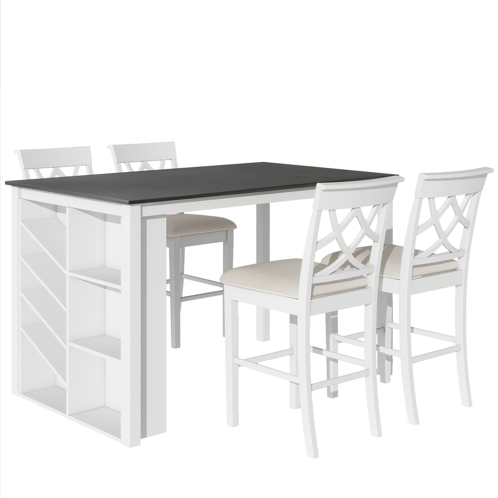 5 Piece Wood Rectangular Dining Table Sets w/Upholstered Chairs  White