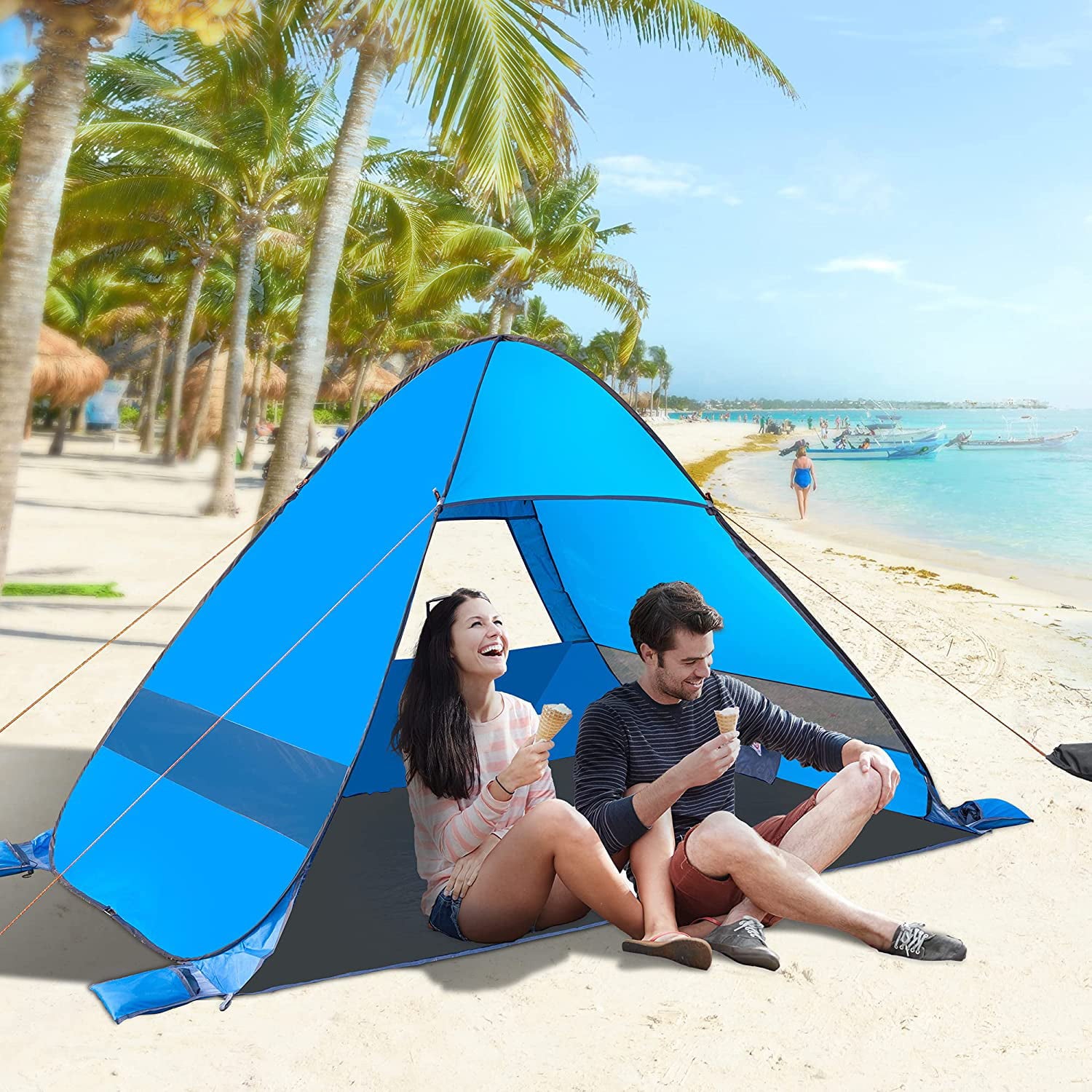 AKASO Pop-Up Beach Tent for 3-4 Person， 7.4' x 4.7' Shade Sun Shelter with UV Protectant Coating