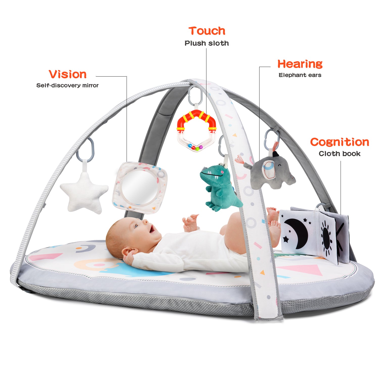 Lupantte 7-in-1 Baby Activity Gym， Baby Learning Toys Gym Mat with 6 Toys 2 Replaceable Washable Mat Covers，for Newborn