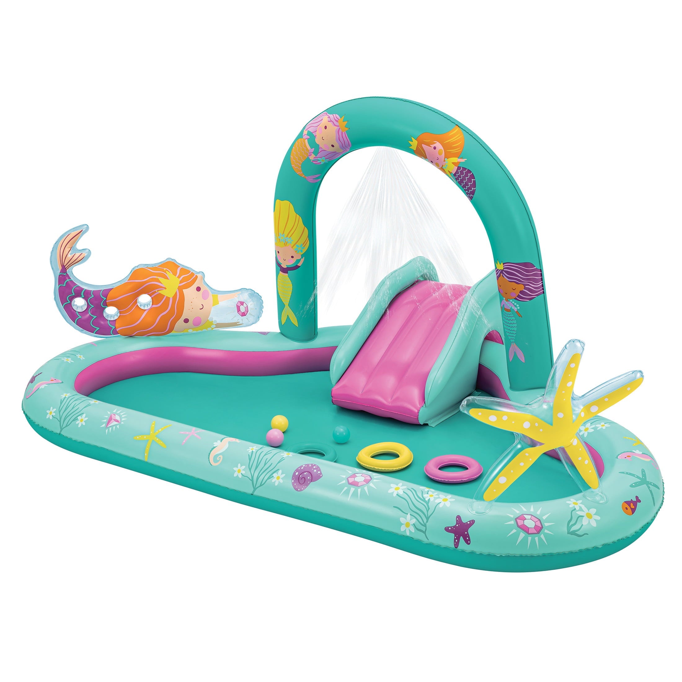 Bluescape Mermaid Inflatable Play Center, Kids Splash Pool with Sprinkler, Toys & Slide,  Age 2 & up, Unisex