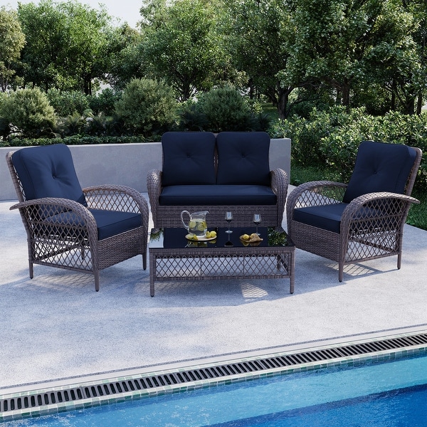 UPHA 4Piece Brown Wicker Patio Conversation Deep Seating Set with Coffee Table and Cushions