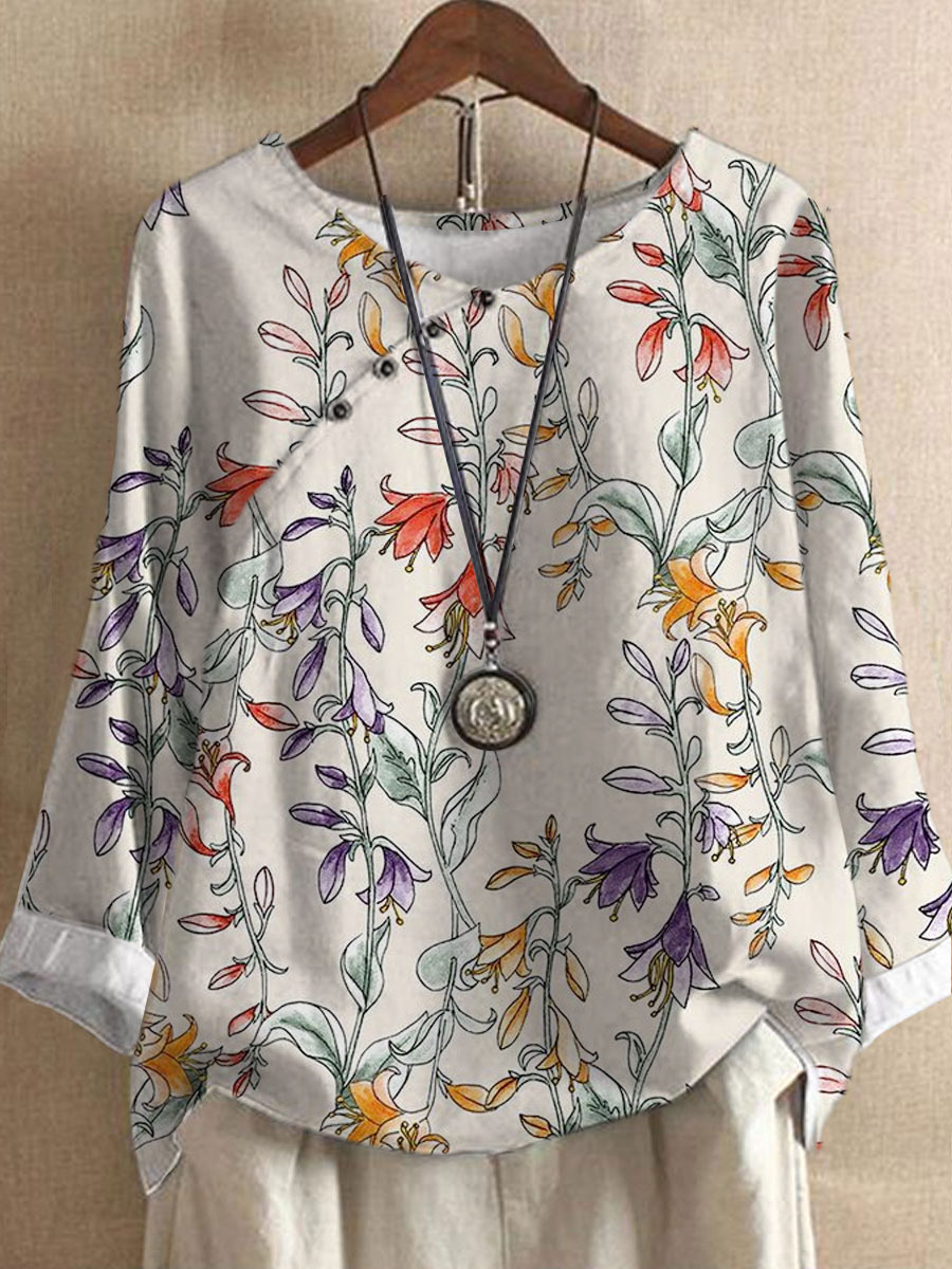 Round Neck Casual Loose Floral Print Long Sleeve Blouse