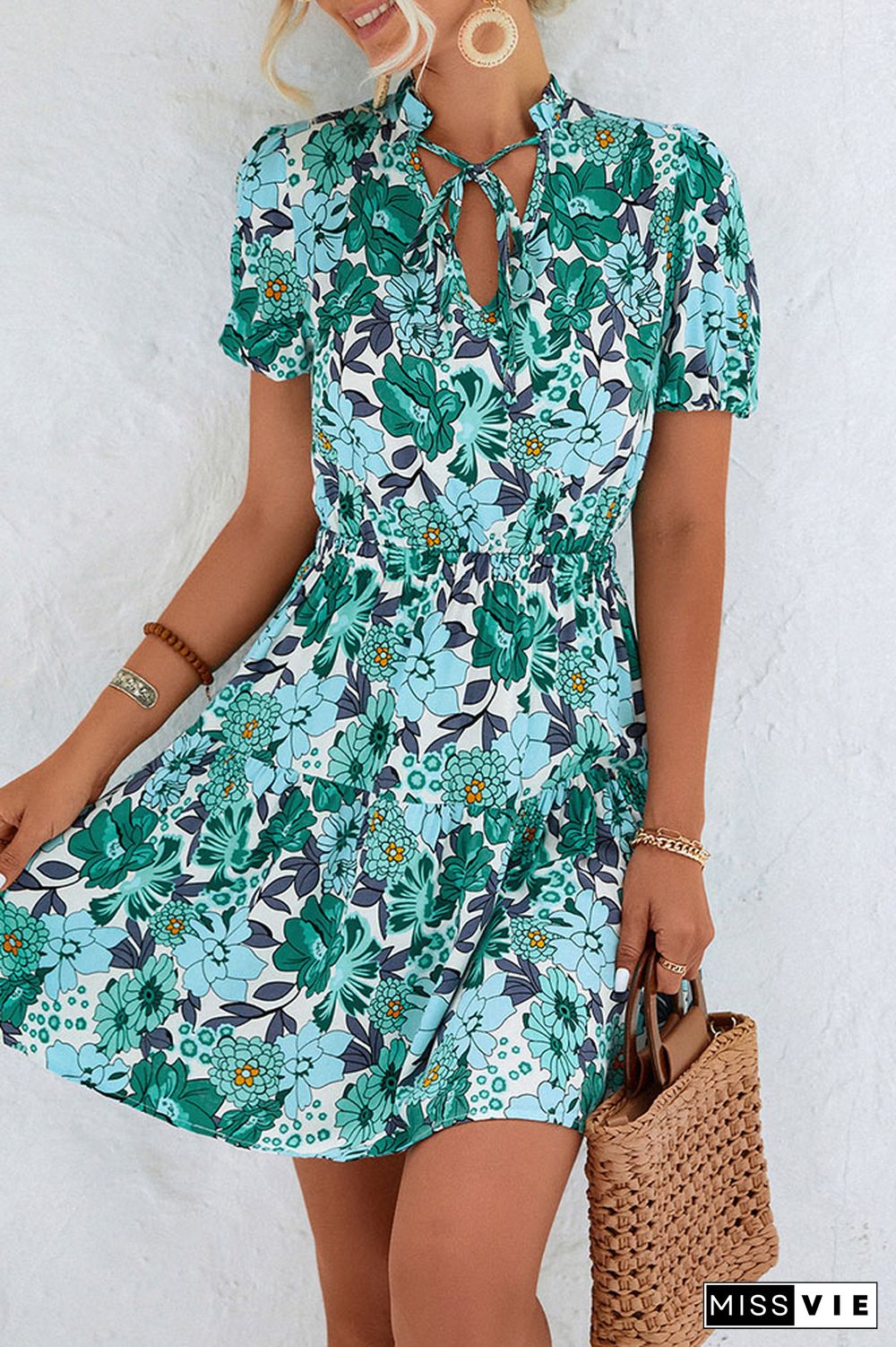 Frill Neck High Waist Floral Dress