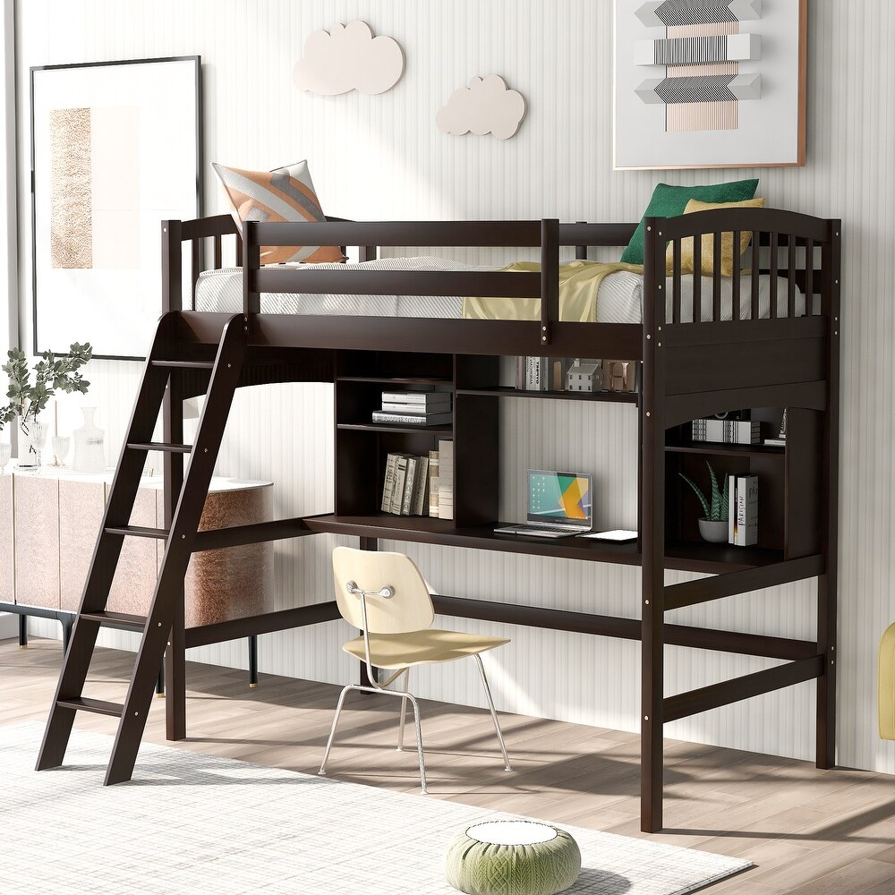 Multifunctional Design Twin size Loft Bed with Storage Shelves  Desk and Ladder