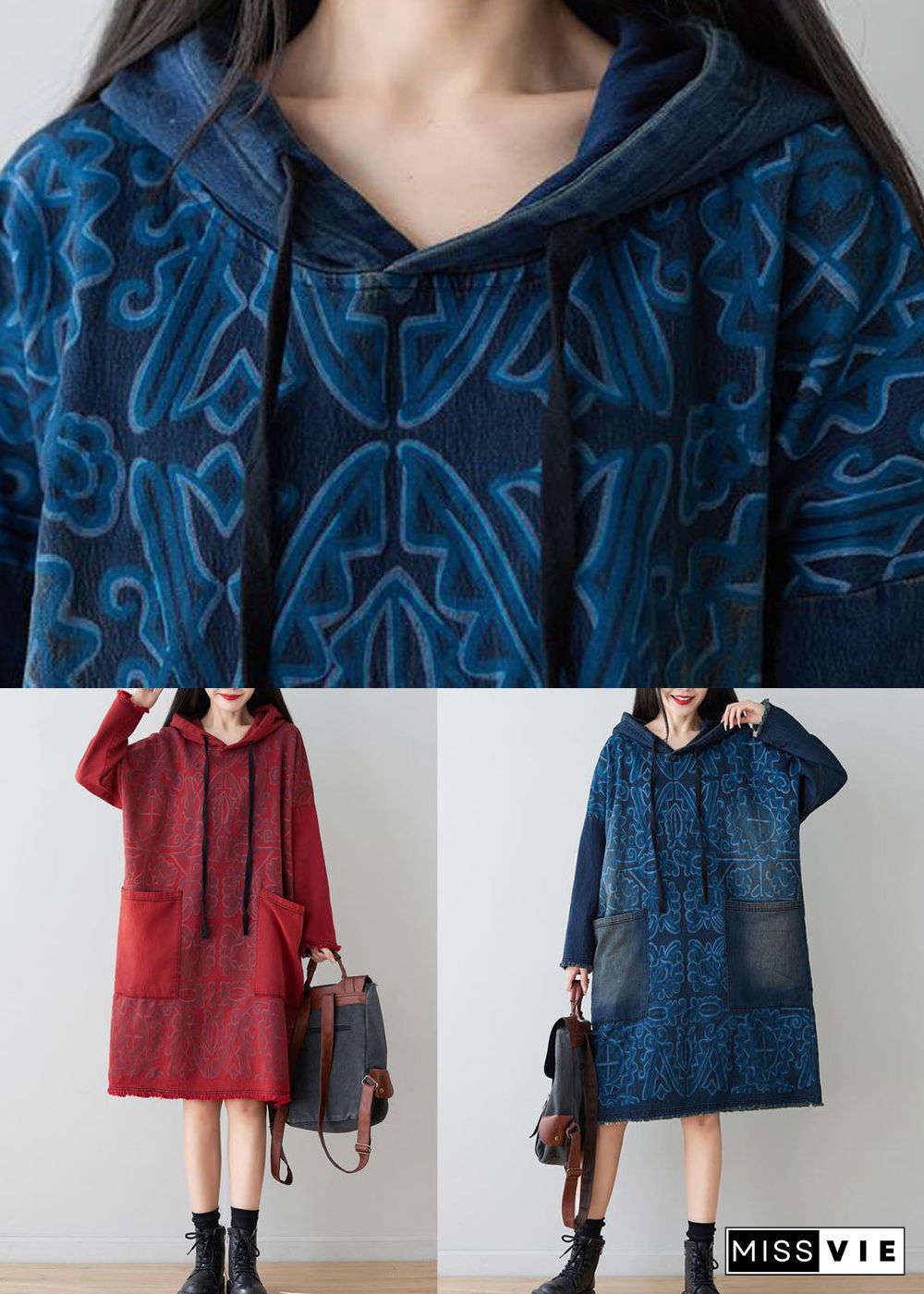 Navy Patchwork Pockets Print Denim Dress Hooded Spring