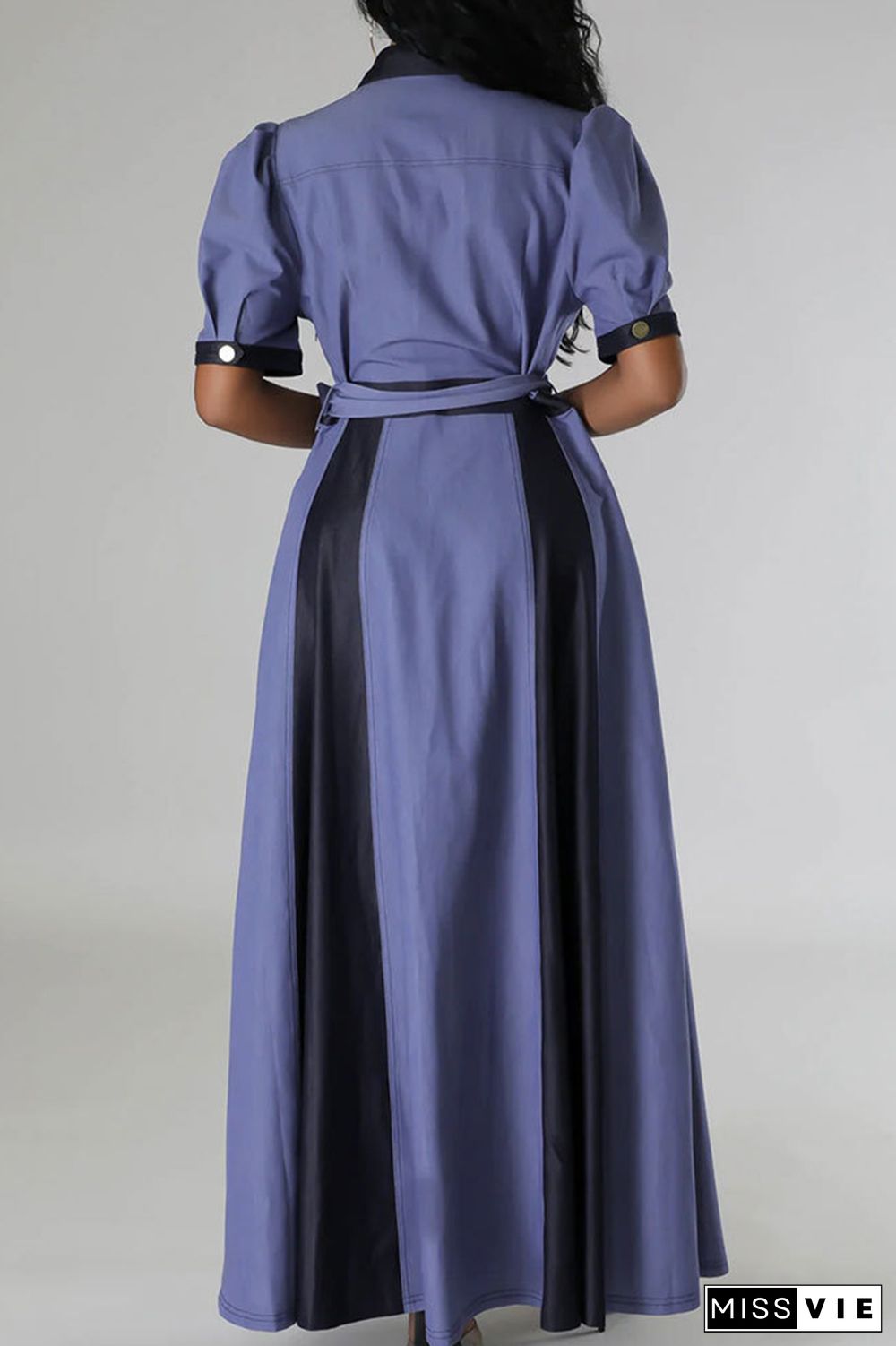 Blue Casual Color Block Bandage Patchwork Pocket Buckle V Neck Long Dress Dresses