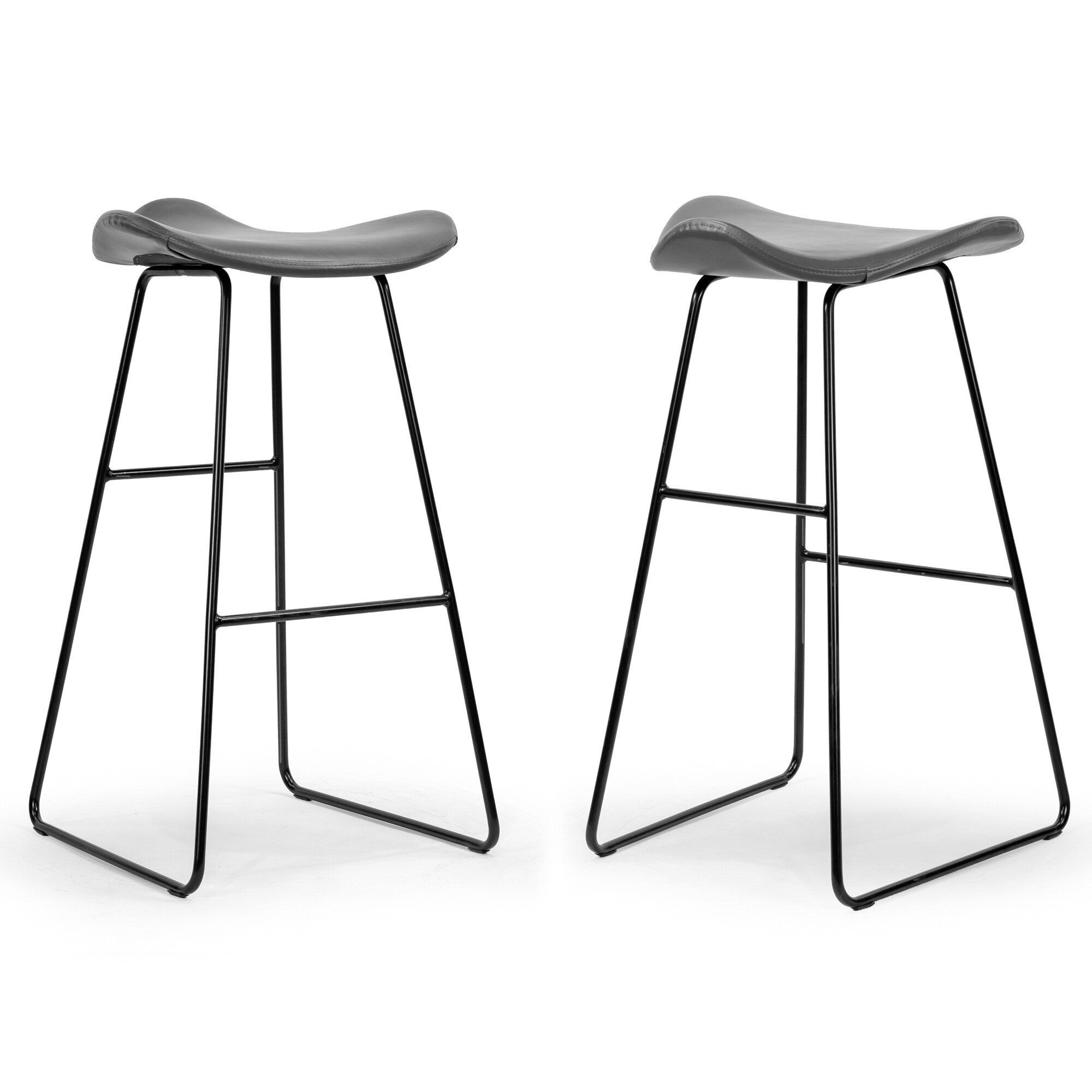 Set of 2 Aoi Grey Faux Leather Backless Barstool with Black Metal Legs