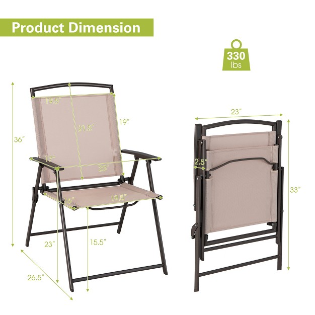 Costway 2 Pcs Patio Folding Sling Dining Chairs Armrests Steel Frame Outdoor Beige grey